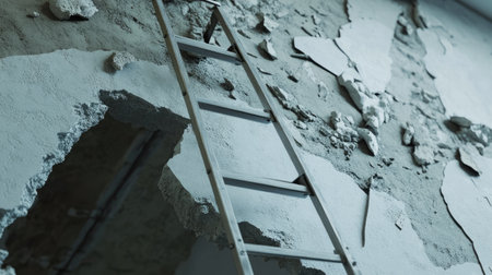 This image features a close-up of a damaged wall with cracked and peeling surfaces, accompanied by a metal ladder, ideal for renovation and repair themes.の素材