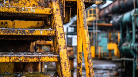 Close-up view of a rusty yellow staircase in an abandoned industrial facility. Heavy machinery looms in the background, showcasing decay and neglect.の素材