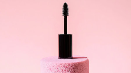 This artistic image features a mascara wand poised on a soft pink foam surface, creating a striking contrast against a pastel background, perfect for beauty promotion.の素材