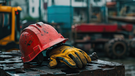 A red hard hat and yellow work gloves lay on a weathered surface at a construction site during rainfall, capturing the essence of labor and safety.の素材