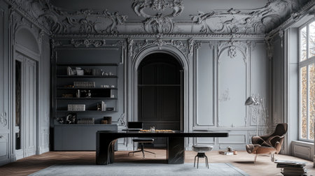 Discover an elegant modern office space featuring classic architectural details, stylish furniture, and an inviting atmosphere filled with natural light.の素材