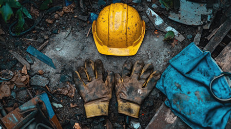 An arrangement featuring a yellow hard hat and a pair of dirty work gloves placed on the ground among construction debris and tools. Ideal for industrial themes.の素材
