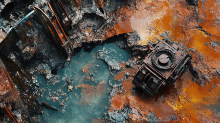 A striking image showcases a piece of rusty industrial machinery surrounded by a unique blend of orange and blue tones, emphasizing decay and contrast.の素材