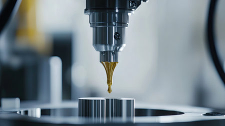 A close-up view of a high-tech manufacturing process showcasing an automated machine dispensing a golden liquid onto a metal component in a modern industrial setting.の素材