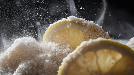 This striking image captures fresh lemon slices enveloped in a cloud of sugar, emphasizing the dynamic interplay of flavors and textures in culinary artistry.の素材