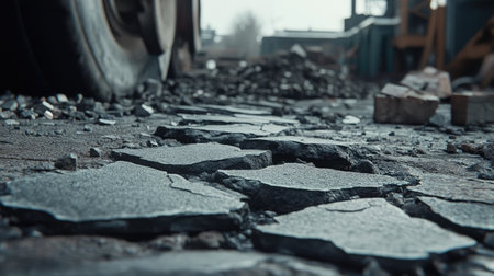 A close-up view of cracked pavement at a construction site, showcasing heavy machinery and scattered debris, capturing the essence of urban development.の素材
