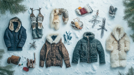 This captivating arrangement features a variety of winter apparel and accessories laid against a snowy background, showcasing textures and warm colors.の素材