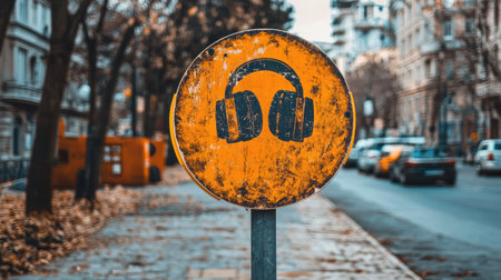 A vibrant street sign featuring a headphones symbol in yellow and orange shades, set against a blurred city backdrop, evokes urban creativity.の素材