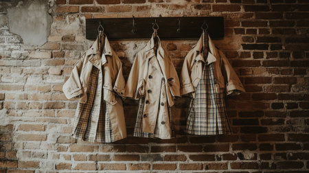 Three stylish outerwear pieces hang from wooden hooks against a rustic brick wall, showcasing vibrant patterns and soft textures in a fashionable setting.の素材