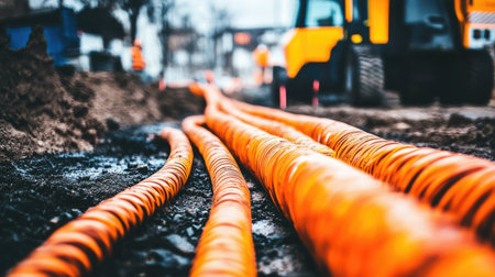 A close-up view of bright orange utility cables stretched across a construction site, emphasizing the essential infrastructure work being performed. Heavy machinery is visible in the background.の素材