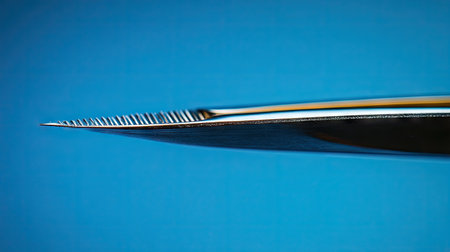 This close-up image showcases a sharp surgical scalpel blade against a vibrant blue background, emphasizing the precision and detail of medical instruments.の素材