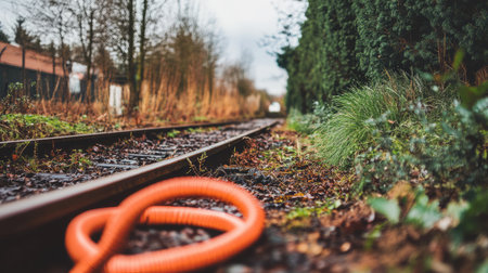This striking image showcases an orange rope lying on an abandoned railway track, surrounded by lush greenery and fall foliage, evoking a sense of adventure and tranquility.の素材