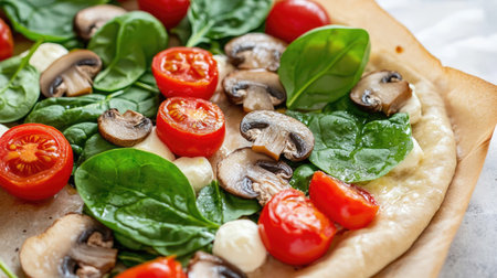 This image showcases a colorful vegetable pizza being prepared with fresh spinach, juicy cherry tomatoes, and sliced mushrooms atop a dough base, capturing a healthy culinary moment.の素材