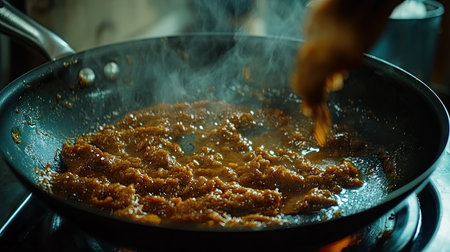 This image captures the mouth-watering cooking process of a sweet dish in a pan, showcasing steam rising and a rich golden-brown texture.の素材