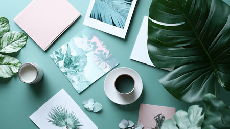 A serene flat lay featuring botanical prints, lush green leaves, a coffee cup, and minimalist stationery against a refreshing turquoise background. Perfect for capturing a tranquil and stylish aesthetic.の素材