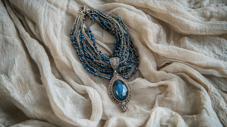 Discover the beauty of this elegant blue gemstone necklace resting on soft beige fabric, featuring intricate design and luxurious textures. Perfect for any occasion.の素材