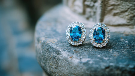 Discover an exquisite pair of blue gemstone earrings adorned with shimmering diamonds, beautifully displayed on a rustic stone surface, perfect for any occasion.の素材