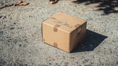 A small cardboard box rests on a concrete surface, illuminated by sunlight casting a soft shadow, evoking feelings of anticipation and simplicity.の素材