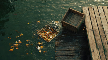 An aerial view of floating debris in water next to an abandoned wooden dock. Sunlight reflects on the surface, highlighting environmental concerns regarding pollution and waste.の素材