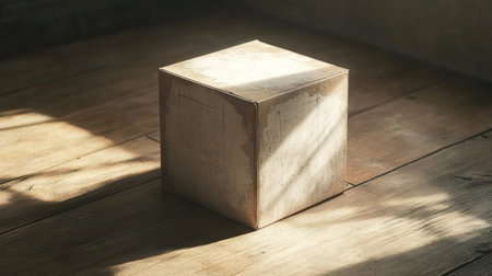 This image captures a rustic box sitting on a wooden floor, illuminated by soft natural light that casts gentle shadows, evoking a sense of tranquility.の素材