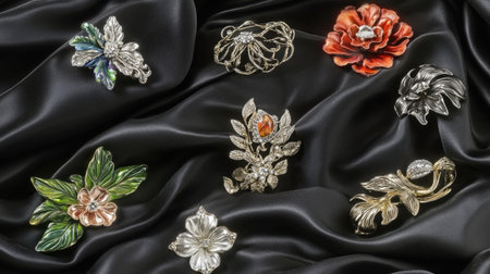This captivating image features an array of colorful vintage brooches elegantly displayed on a luxurious black satin fabric, highlighting their intricate designs and craftsmanship.の素材
