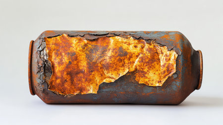 This image features a rusty vintage container displaying intricate textures and colors, representing decay and industrial charm in a minimalist style.の素材