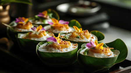 This stunning dessert showcases a traditional Asian treat presented in beautifully arranged leaf bowls, adorned with vibrant edible flowers and creamy coconut topping.の素材