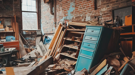 A vividly chaotic scene featuring an abandoned workshop overwhelmed with overturned furniture and debris, showcasing texture and rustic charm ideal for creative projects.の素材