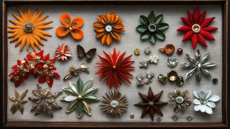 A stunning display of vintage floral brooches featuring a variety of colors and designs, elegantly arranged in a frame against a textured background.の素材