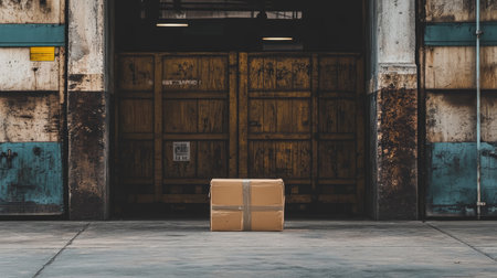 A lone package rests on the concrete floor of an empty warehouse, showcasing vintage industrial doors and a rustic atmosphere perfect for logistics themes.の素材