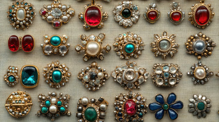 A stunning display of assorted vintage brooches featuring pearls and gemstones, showcasing intricate designs on a textured fabric background.の素材