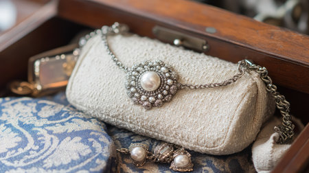 A beautifully arranged composition of vintage jewelry pieces, featuring embellished designs and pearls, nestled in an elegant wooden box showcasing timeless appeal.の素材