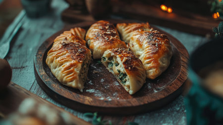 A tempting arrangement of freshly baked pastries filled with spinach, showcasing a crispy golden crust on a rustic wooden board. Perfect for any meal.の素材