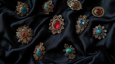 A stunning arrangement of vintage brooches featuring intricate designs and colorful gems, resting on a luxurious dark fabric. Ideal for fashion and jewelry enthusiasts.の素材