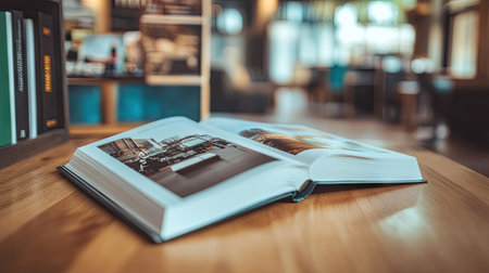 This captivating image features an open photo book resting on a wooden table in a cozy reading space, inviting nostalgia and creativity.の素材