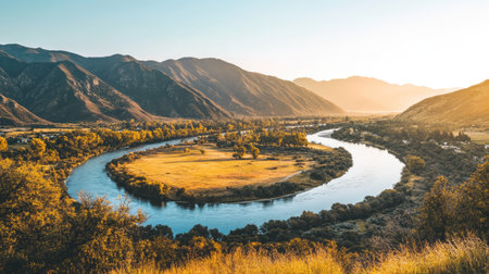 A breathtaking view of a meandering river surrounded by lush greenery and majestic mountains. The golden sunset casts a serene glow over the landscape, perfect for nature lovers.の素材