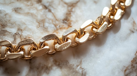 A stunning close-up of a gold chain jewelry piece elegantly displayed on a marble surface, showcasing intricate details and luxurious shine. Perfect for fashion themes.の素材