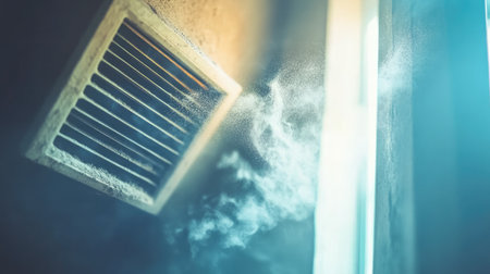 A close-up view of a dust-covered air vent showing the flow of air and particles into a sunlit room, capturing the essence of indoor air quality and home comfort.の素材