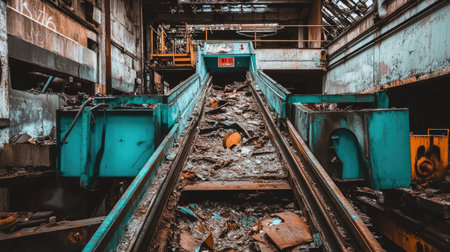 A striking image showcasing the interior of an abandoned factory featuring rusty conveyor belts and scattered debris, evoking a sense of urban decay.の素材