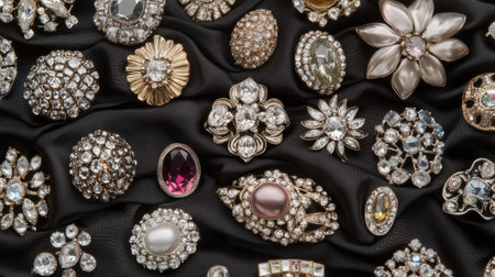A stunning array of vintage brooches featuring intricate designs and sparkling gemstones, beautifully arranged over a luxurious black fabric backdrop.の素材