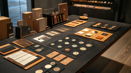 A detailed display of diverse materials and textures showcased on a workshop table, perfect for design inspiration and creative exploration.の素材