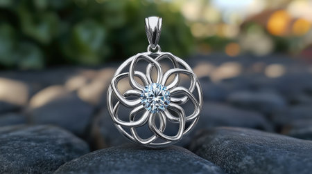 Captivating silver pendant showcasing an intricate floral design with a sparkling center gemstone. Ideal for showcasing style at any event or as a gift.の素材