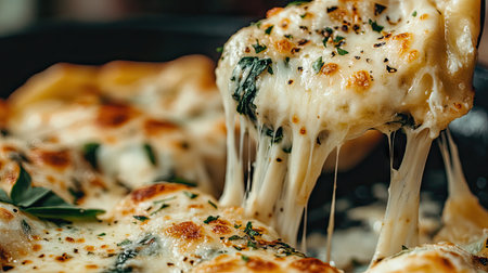 This close-up image showcases a scrumptious baked dish featuring gooey melted cheese, garnished with fresh herbs, presenting a mouthwatering sight that invites indulgence.の素材