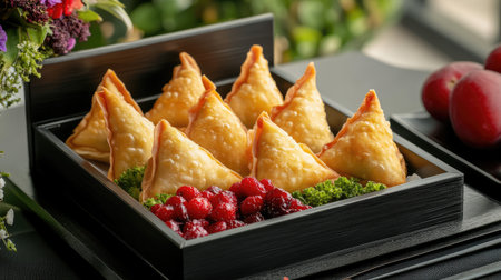 A beautifully arranged platter of golden crispy samosas served on a sleek black tray, accompanied by vibrant fruits and fresh greens, ideal for events.の素材