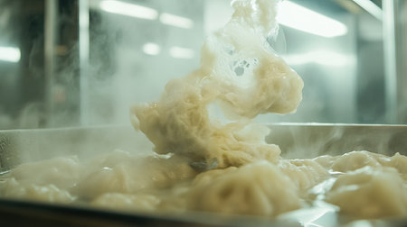 A close-up view of steaming dumplings being cooked in a commercial kitchen, showcasing the foggy atmosphere and savory textures that promise delicious flavors.の素材