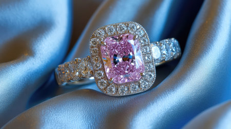 This stunning pink diamond ring showcases a unique gemstone set in a delicate silver band, adorned with sparkling accents on luxurious satin fabric.の素材