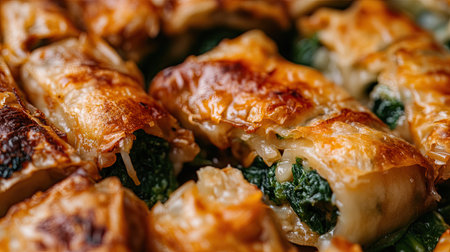 This image showcases a tray of golden brown puff pastries filled with fresh spinach and melted cheese, highlighting a delicious gourmet treat perfect for any occasion.の素材
