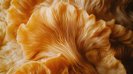 This stunning close-up image captures the vibrant orange hues and intricate texture of a mushroom cap, showcasing the wonders of nature.の素材