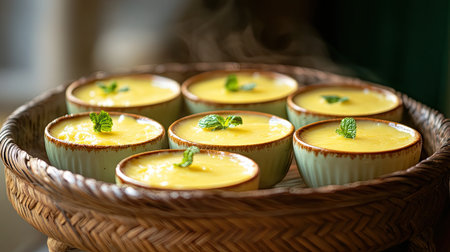 This image features creamy mango pudding served in elegant bowls garnished with fresh mint, arranged on a rustic tray, perfect for a delightful dessert presentation.の素材