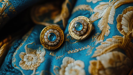 An exquisite display of vintage jewelry featuring a blue gemstone, beautifully set against a richly embroidered fabric, showcasing intricate design details.の素材
